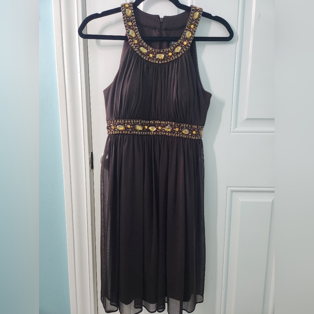 Xscape Brown Embellished Empire Waist Midi Dress Size 4 S